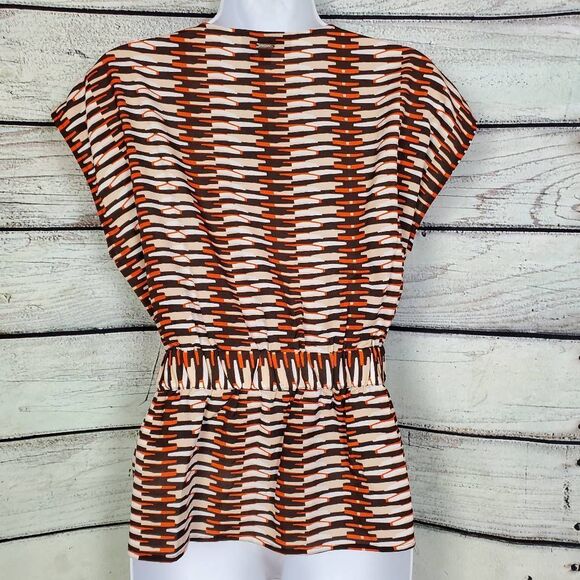 DKNY Brown Orange & Cream Geometric Print Tie Waist Top – Size S - Picture 4 of 8